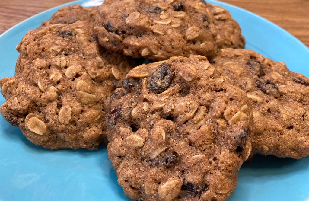 a plate of whole grain oatmeal raisin cookies